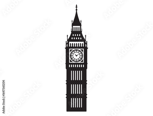 Big Ben vector icon. Iconic clock tower symbol for London, travel, and British architecture. Vector black silhouette. with white background