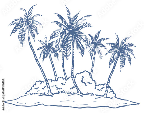 Hand drawn island with palm trees. Summer vacation. Coastal elements. Hawaii beach. Vector drawings. Whimsical illustration isolated on white background.