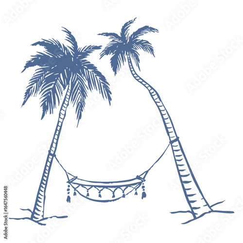 Hand drawn palm trees with hammock. Summer accessories. Coastal elements. Beach vacation drawings. Whimsical vector illustration isolated on white background.