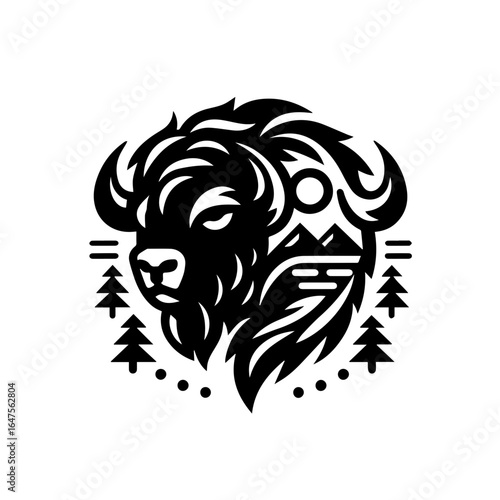 Majestic Bison Head with Mountain and Forest Landscape.