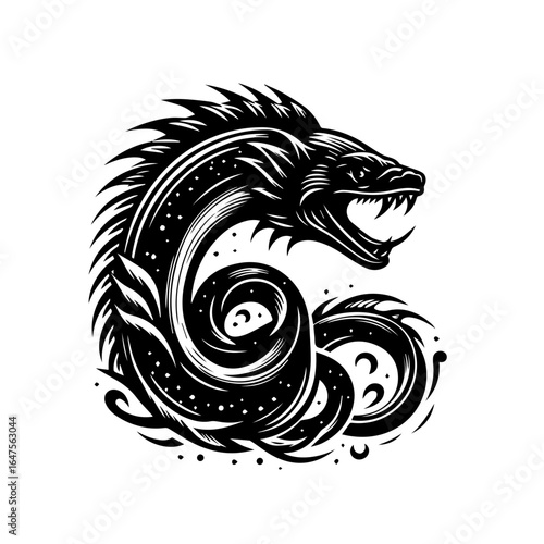 Stylized Black and White Sea Serpent Illustration.