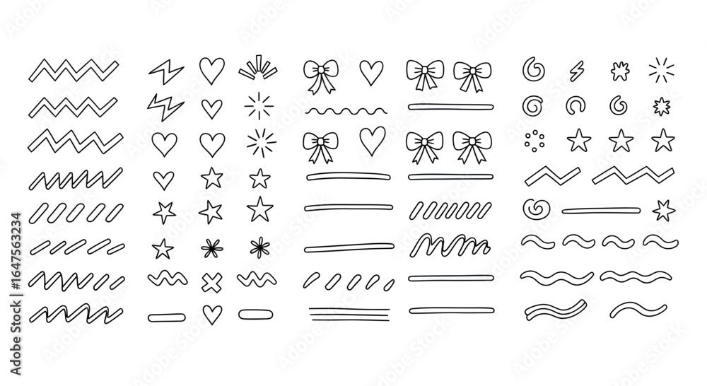 Fototapeta premium Hand drawn doodle elements for decoration, cute hearts, stars, bows, and swirls in vector style graphic art
