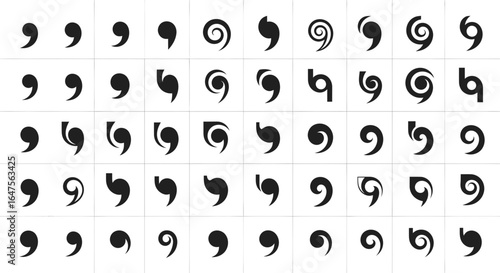 Diverse comma collection, punctuation marks, grammar symbols, writing elements, typography, and language tools set