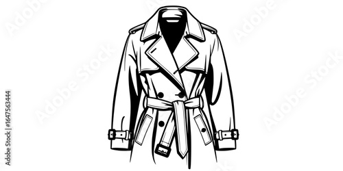 Black and White Trench Coat SVG Vector Outline
