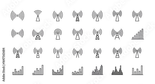 Modern communication towers and signal strength icons for network solutions and wireless connections design