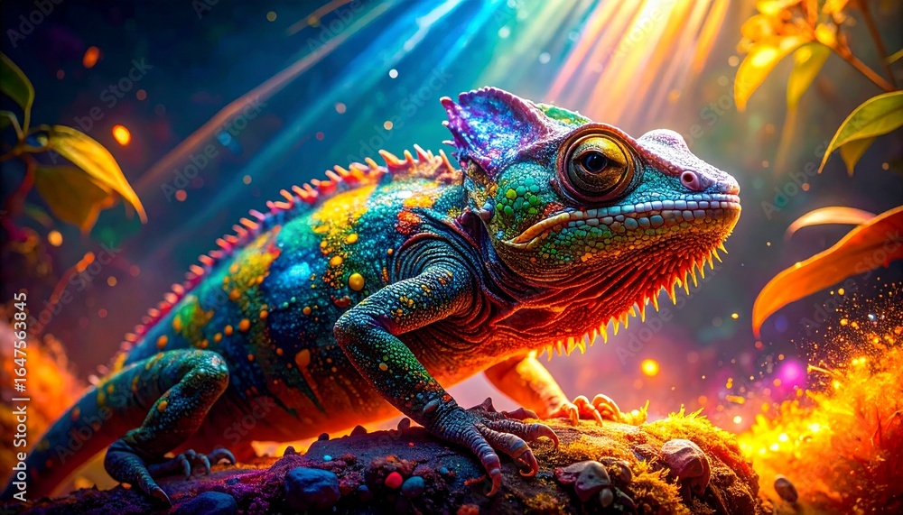 Obraz premium Colorful Chameleon Walking on Mossy Rock in Bright Jungle