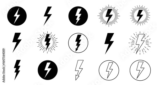 Dynamic lightning bolt icon set for energy, power, and electric design projects, originally from vector graphic