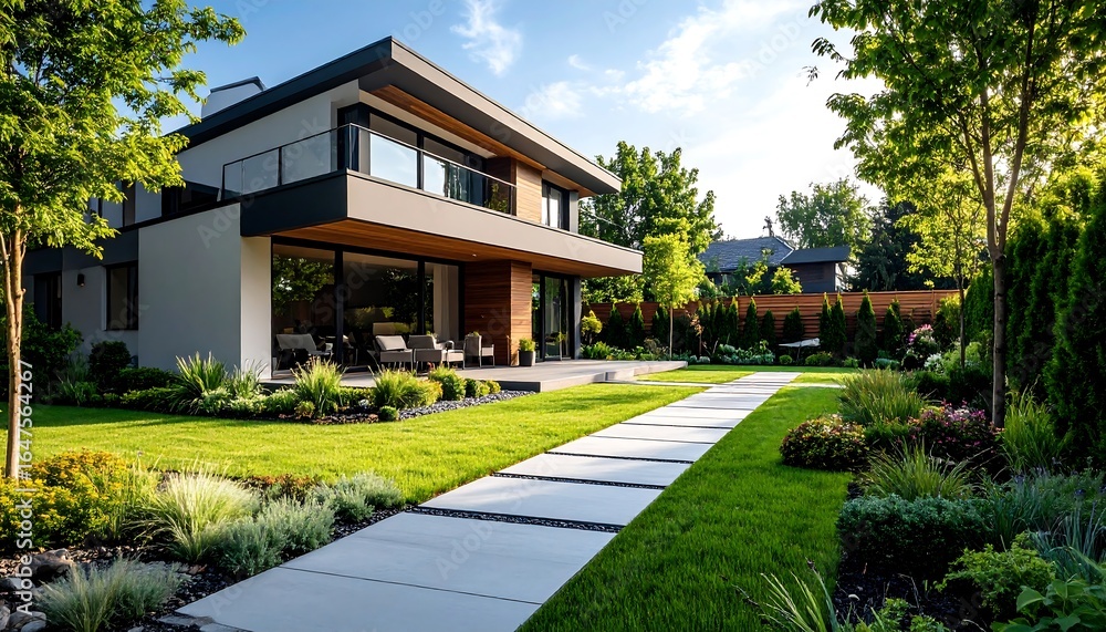 Naklejka premium Modern house with garden, and sunny day.