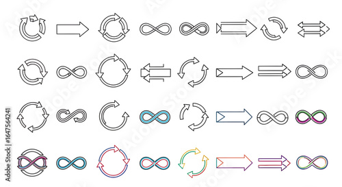 Flowcharts with arrows and infinity symbols conveying loop process and continuous improvement concepts