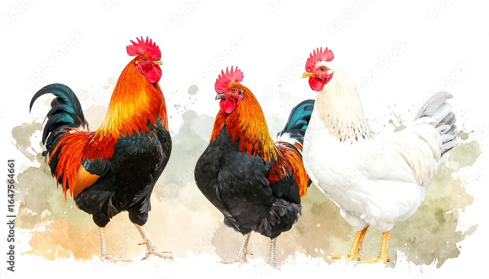 Fototapeta premium Watercolor Painting of Three Roosters with Vivid Plumage and Detailed Crests on a White Background