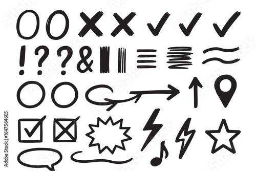 Sheet of brush pen sketches with musical notation elements