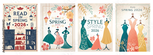 Colorful spring-themed illustrations showcasing fashion and reading for 2026.
