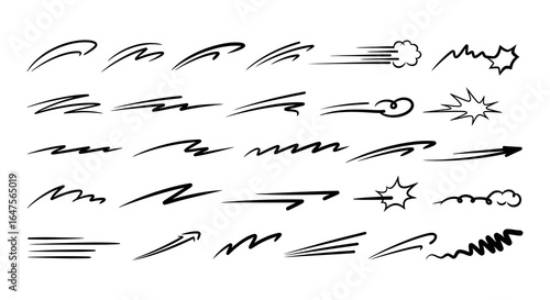 Dynamic speed lines and swooshes collection for graphic design projects, vector art elements, motion effects