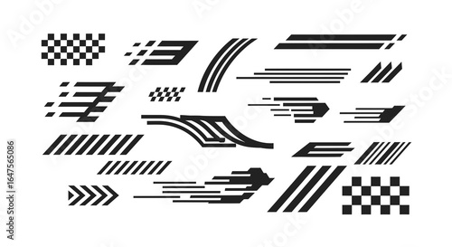 Dynamic racing stripes and checkered flag elements for modern motorsport designs and high speed branding assets