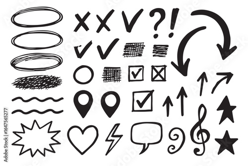 Organic ink doodle illustration sheet with oval elements