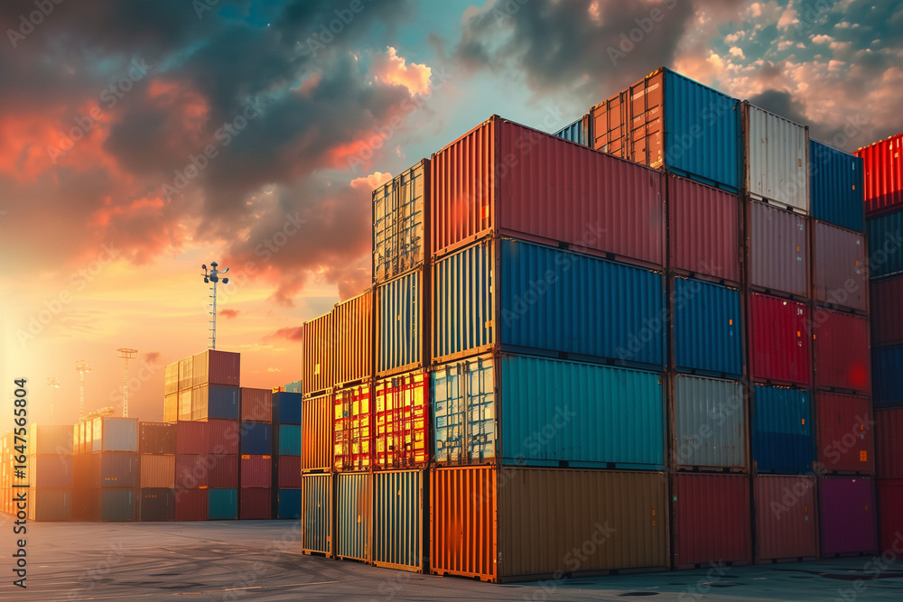 Fototapeta premium Stacked shipping containers in a seaport during golden hour. Ideal for global trade and logistics concepts.