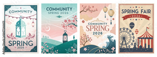 Vibrant spring-themed community event posters featuring lanterns, cherry blossoms, and a ferris wheel.