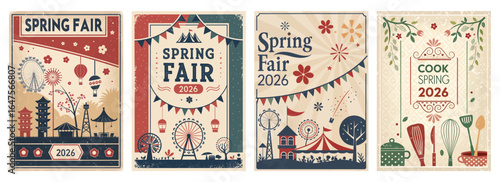Vintage-style posters for a Spring Fair 2026 celebration featuring festive colors and playful designs.