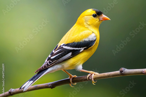 Billede på lærred Bright yellow american goldfinch perched on a branch with soft green background