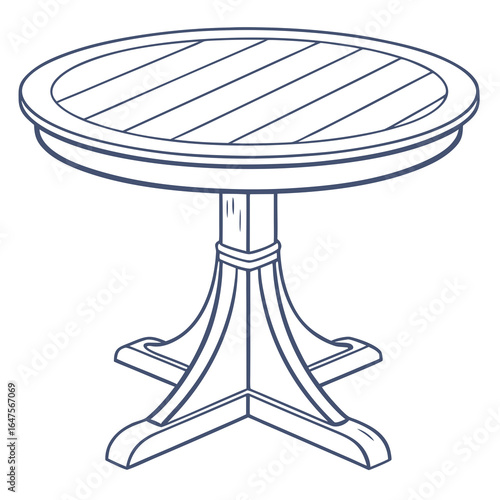 A simple line drawing of a round wooden table with a pedestal base and slatted top