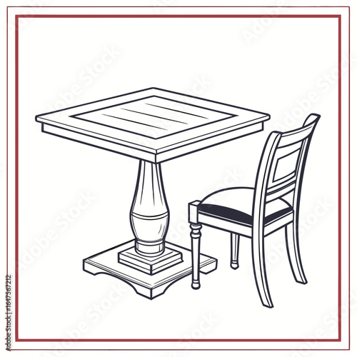 Classic pedestal table and upholstered chair in a simple line drawing style
