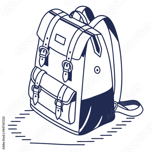 Classic vintage backpack illustration with buckles and straps in a minimalist style
