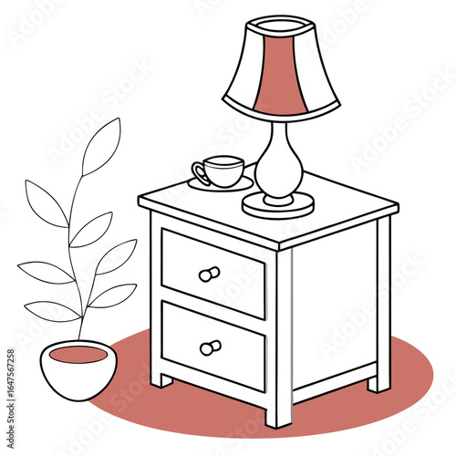 Cozy bedroom scene featuring a nightstand with a lamp cup and potted plant