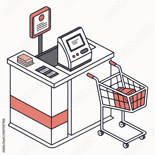 Isometric illustration of a grocery store checkout counter with a shopping cart filled with items
