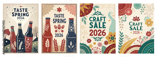 Colorful promotional posters for a Spring 2026 craft sale, featuring floral and beverage designs.