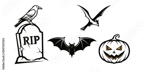 Halloween Tombstone Vector Graphics Crow Bat Pumpkin RIP Designs
