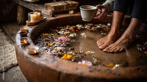 Herbal Foot Soak Ritual with Floating Flowers and Candlelight