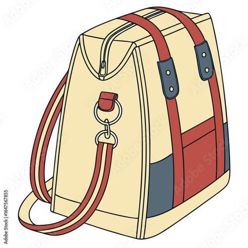 Stylish beige duffel bag with red and blue accents perfect for travel and everyday use