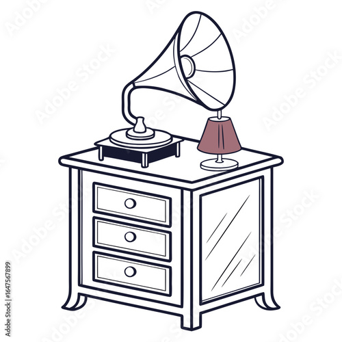 Vintage gramophone and lamp on a classic wooden nightstand with drawers and mirror