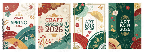 Colorful posters for a craft fair and spring event, featuring floral designs and elegant patterns.