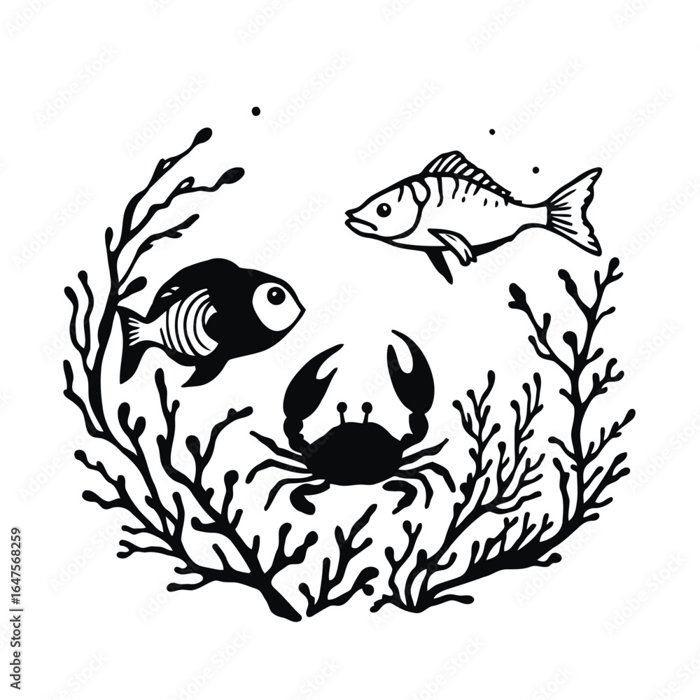 Obraz premium Vector tribal tattoo illustration of a wild sea fish with an angry tiger head