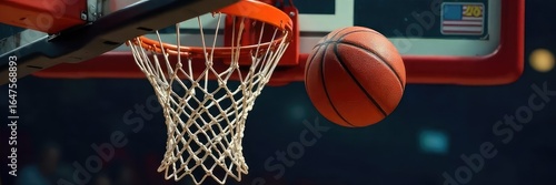 Dramatic Close-Up of Basketball Swishing Through Net  Suspended Mid-Air Action Shot,  Successful Basket, Thrilling Sports Moment