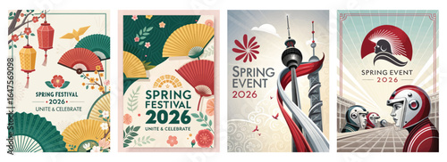 A vibrant collection of Spring Festival 2026 posters featuring traditional elements and modern designs.