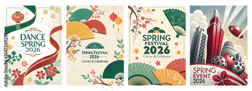 Colorful festival posters featuring fans and decorative elements for Spring Festival 2026.