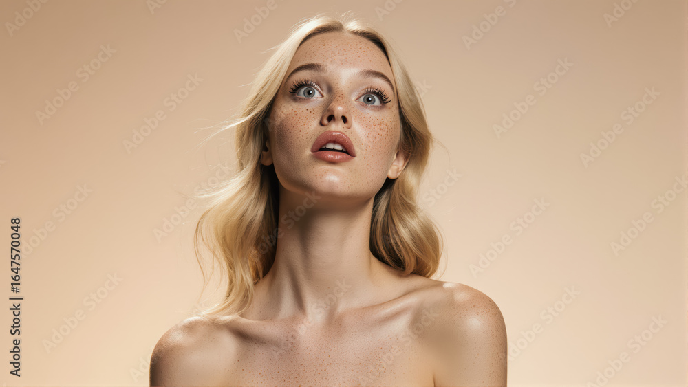 Obraz premium A beauty headshot of a young woman with a sense of intrigue. Her wide, sparkling eyes and subtle smile make the shot captivating.