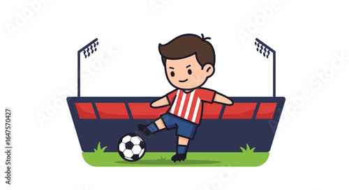 Adorable Cartoon Boy Playing Soccer in a Stadium