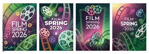 Colorful film festival posters featuring vintage film reels and floral designs for Spring 2026.