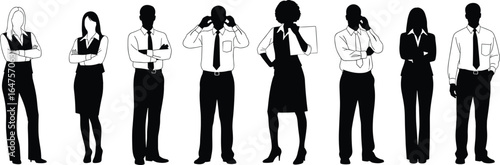 Business professional silhouettes, corporate attire, team poses, office people illustration, confident stance, workplace diversity, black figure design