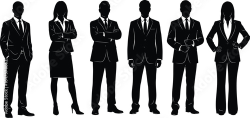 Business silhouettes, male and female, professional attire, corporate pose, teamwork concept, diversity in office, black outline, vector people