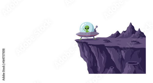 Cute Alien in UFO on Alien Planet Landscape