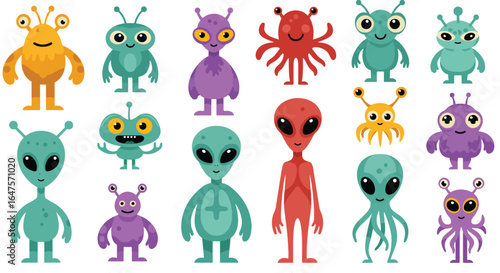Cute Cartoon Aliens and Monsters Set