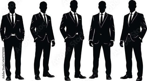Business silhouettes, professional people, suits, ties, skirts, formal wear, corporate fashion, standing poses, office attire, black outline