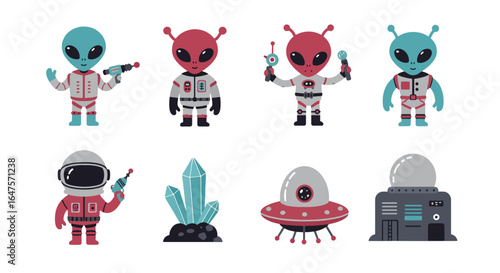 Cute Cartoon Aliens, Astronaut, UFO, and Space Elements Set