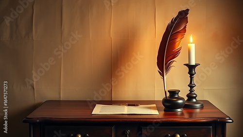 Vintage desk setup with a feather quill and inkwell on aged parchment.