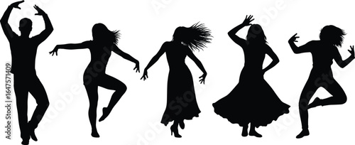 Business silhouettes, professional team, corporate attire, office fashion, standing group, workplace diversity, formal clothing, teamwork concept, black outline
