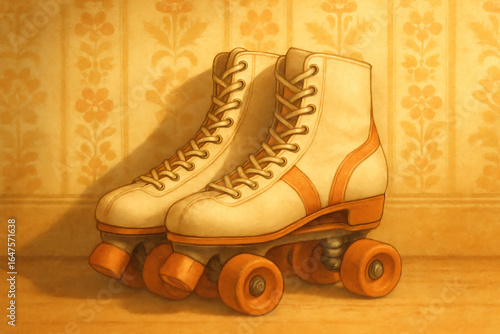 Nostalgic Retro Illustration of Roller Skate Boots Lined Up by a Wall, boots lined up by wall